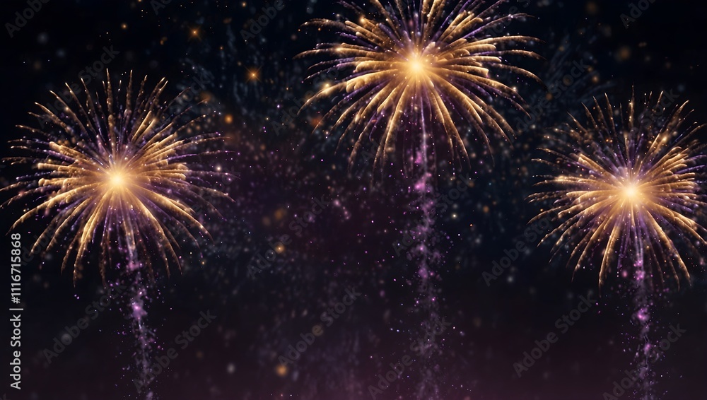 Fototapeta premium Three golden and purple fireworks explode against a dark night sky.