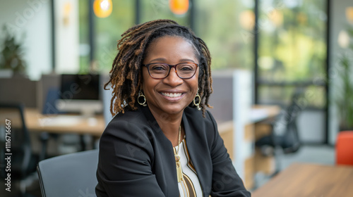 Joyful African-American businesswoman enjoys her workday in a bright, contemporary office setting