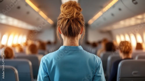 A flight attendant with her hair in a bun stands in an airplane aisle, the cabin's lighting creating a warm, inviting ambiance as passengers settle in.