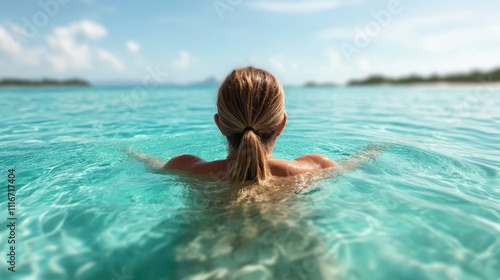 A woman with a ponytail, floats peacefully in serene and calm aquamarine ocean waters, epitomizing tranquility, freedom, and the soothing embrace of nature's beauty.