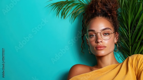 Portrait of a woman with curly hair and hoop earrings wearing glasses, posing coolly against a vibrant blue background with palm leaves highlighting her presence. photo