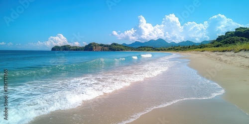 A pristine beach with gentle waves caressing the sandy shore under a vibrant blue sky, framed by lush green mountains in the background.