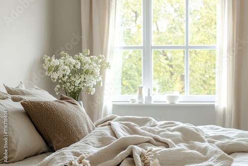 Cozy bedroom with natural light, beige linen, vase with flowers