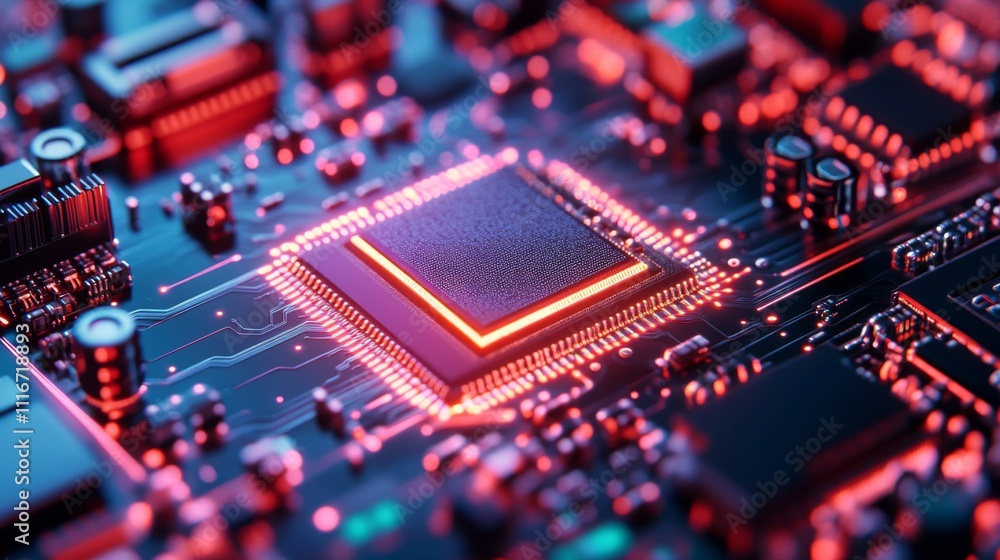 Fototapeta premium Illuminated Central Processing Unit on a Circuit Board