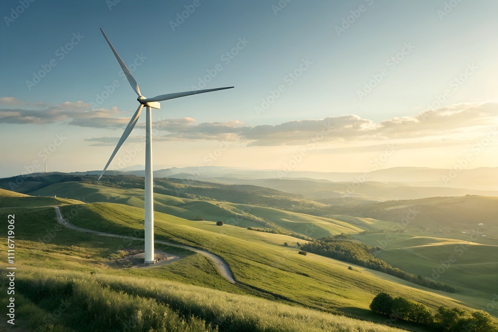 Obraz premium Wind turbine on rolling green hills