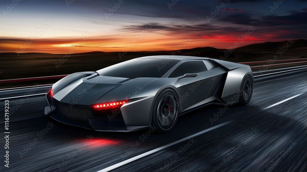 Obraz premium Sport Car Driving at Sunset