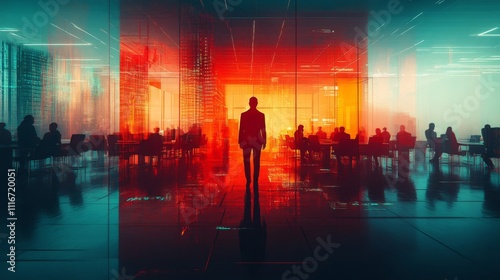 Silhouetted Figure Walking Through a Modern Cityscape Office