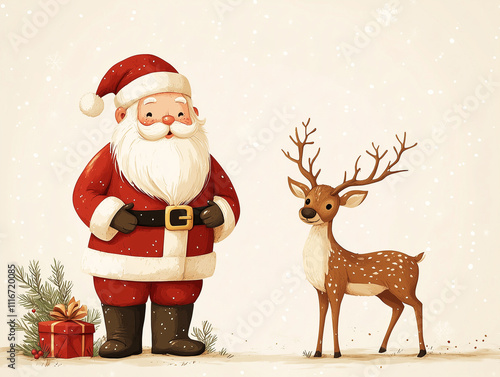 Fototapeta Naklejka Na Ścianę i Meble -  Świąteczna ilustracja Świętego Mikołaja i małego renifera stojącego obok choinki