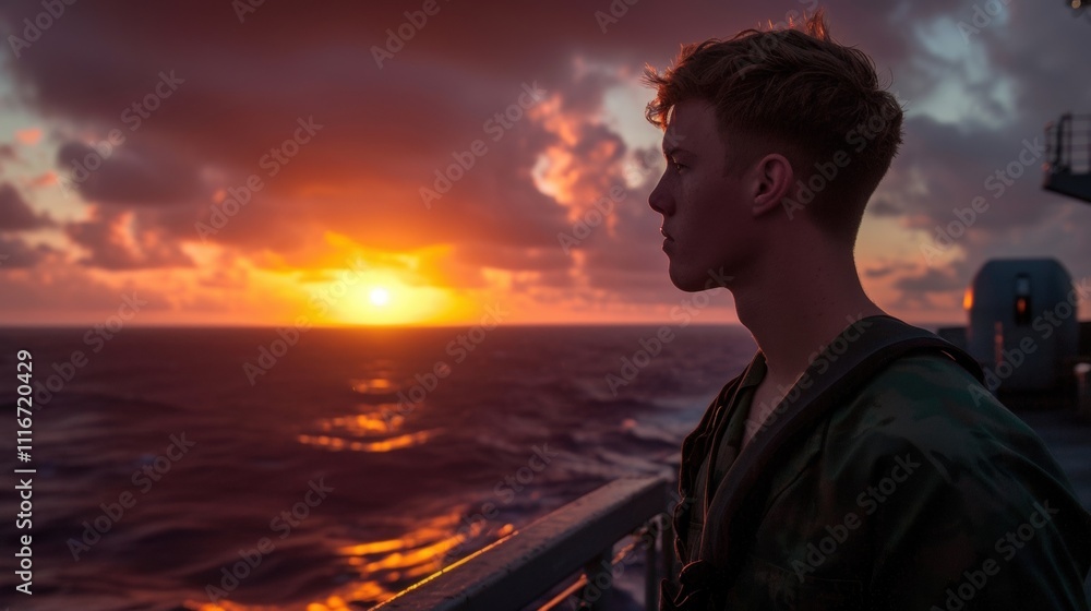 Fototapeta premium During a calm and serene moment at sea the deck cadet takes a moment to reflect on his journey from trainee to officerintraining feeling a sense of pride and accomplishment.