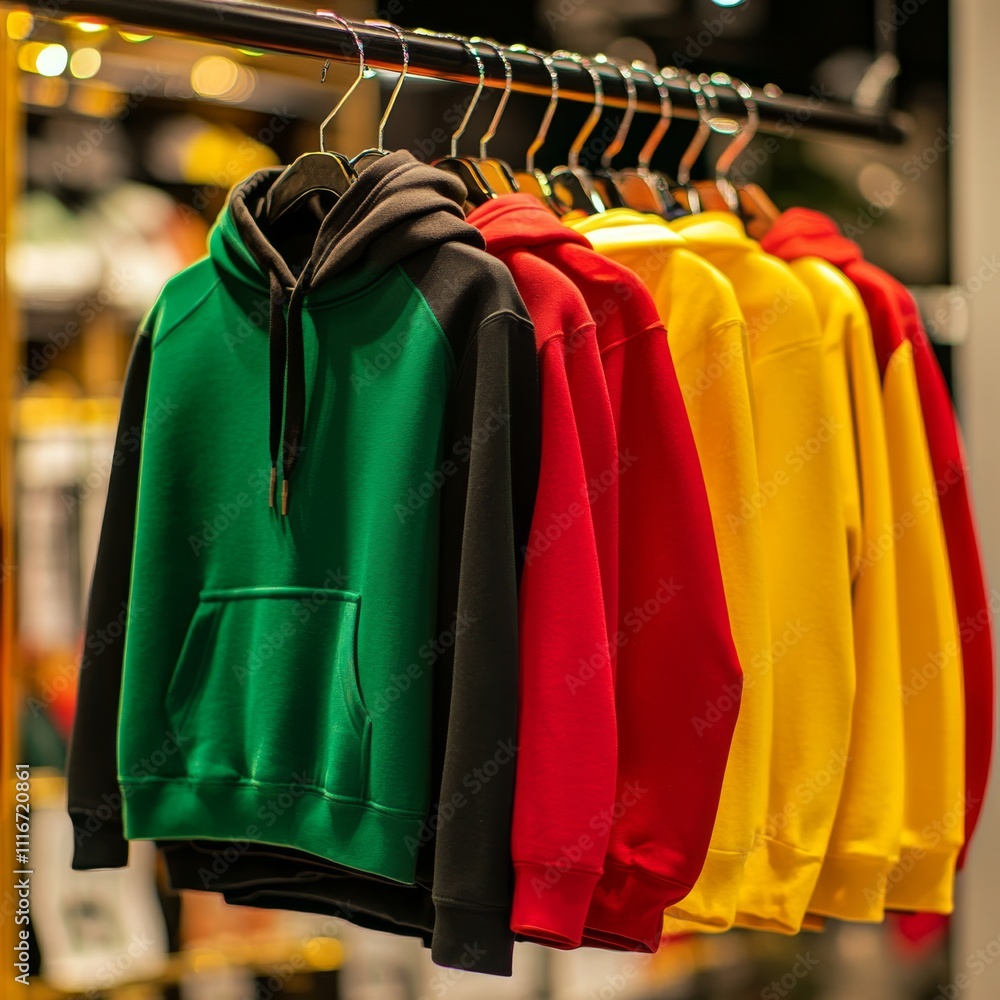 Multicolored hoody hang on a hanger in a store close-up. Multicolored hoody hang on a hanger in a store close-up.