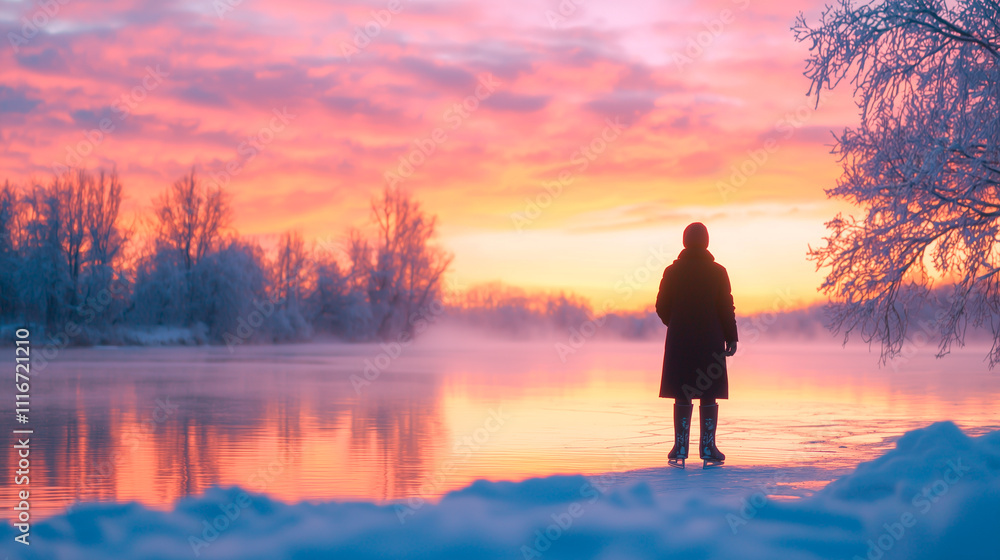 Fototapeta premium Winter Evening at Icy Lake with Skater and Snowy Trees