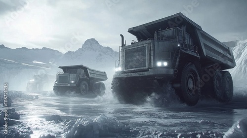 Three Dump Trucks Driving Through Snow Covered Terrain photo