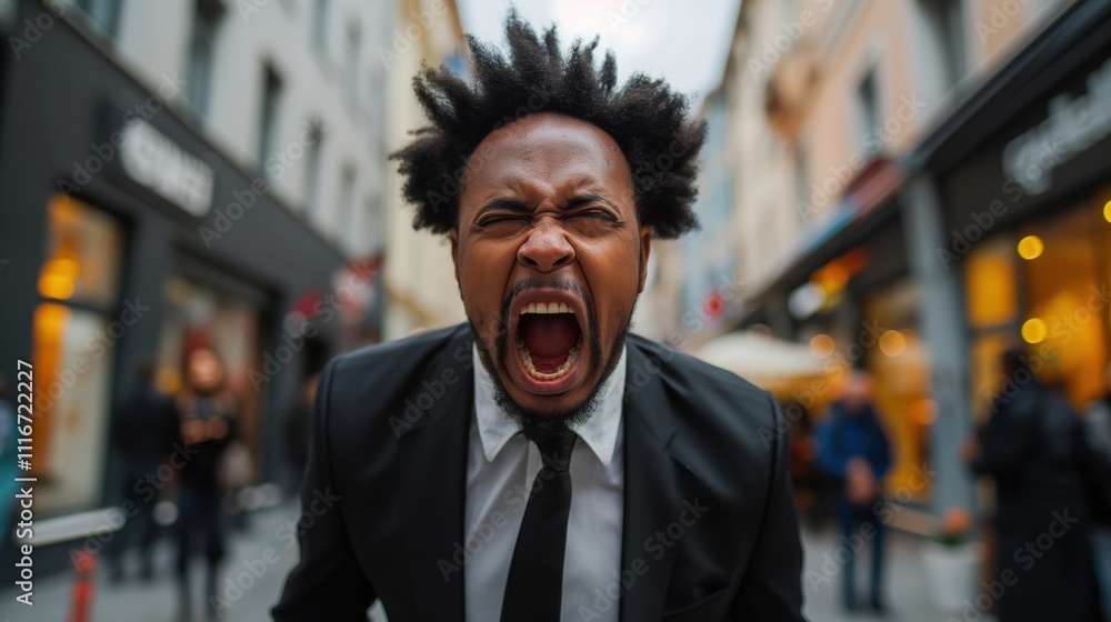 Fototapeta premium An African-American man in a suit yells in fury on a bustling city street filled with people and shops