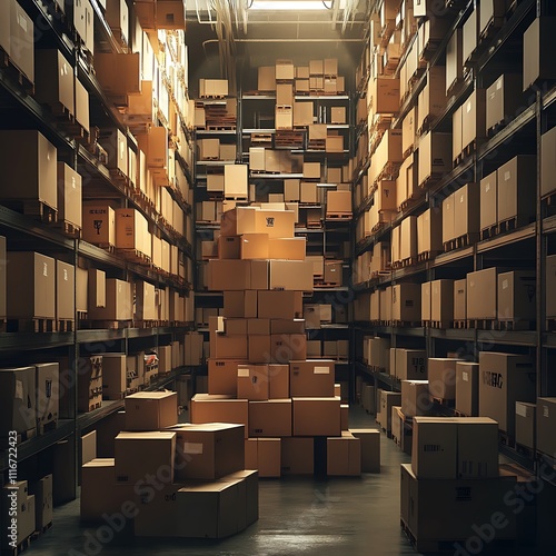 Overstocked warehouse interior filled with cardboard boxes on shelves.