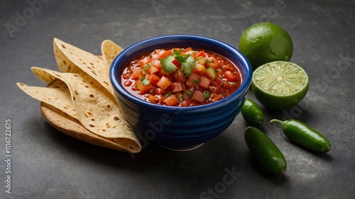 Vibrant salsa made with chopped tomatoes, onions, and jalapenos is garnished with cilantro and lime, accompanied by crispy tortilla chips on a dark wooden surface