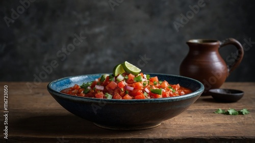 Vibrant salsa made with chopped tomatoes, onions, and jalapenos is garnished with cilantro and lime, accompanied by crispy tortilla chips on a dark wooden surface