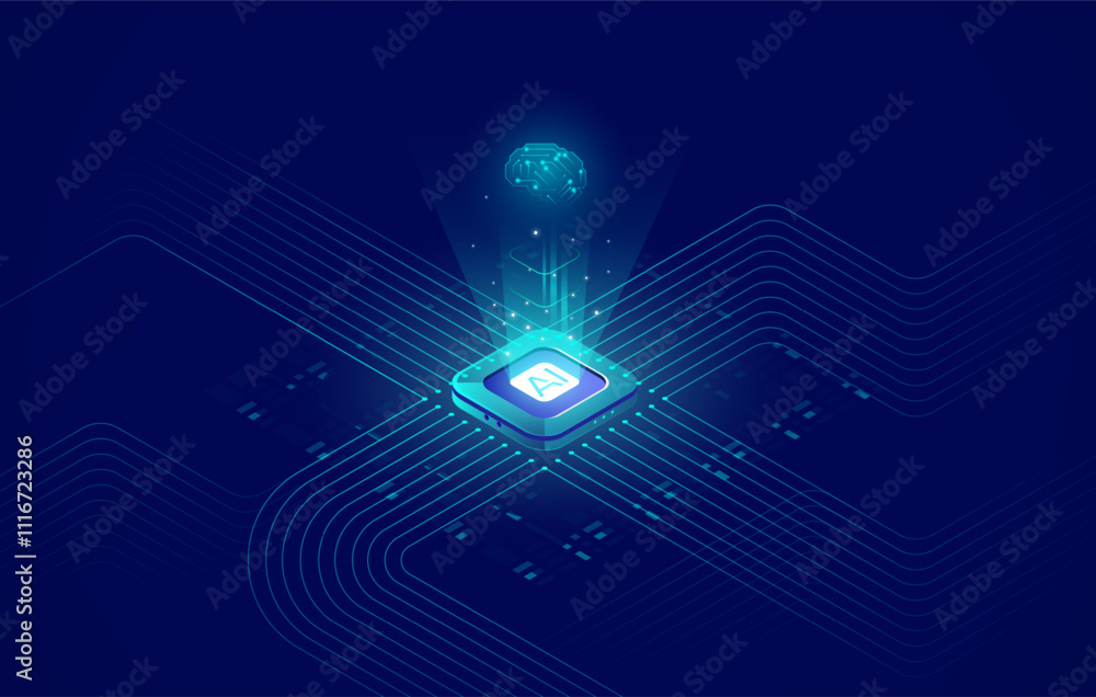 Artificial Intelligence vector banner, Isometric AI chip background on technology blue background. Deep Learning, Machine Learning, and Technological Digital Brain Ai Concepts, ai icon.