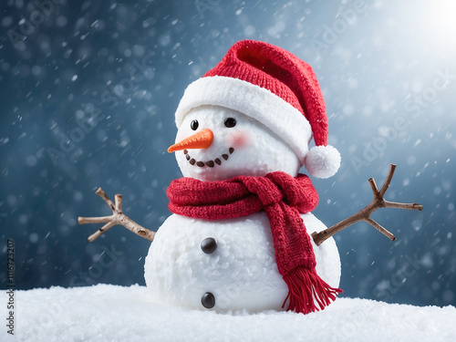 Happy snowman dressed in a red Santa hat and scarf, smiling warmly in a snowy setting with soft snowflakes falling.