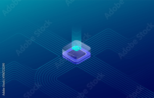 Artificial intelligence concept, AI chip background on technology blue background. Circuit board. Ai Tech bg. Vector Isometric illustration. Free text space. Semiconductor or CPU processor icon.