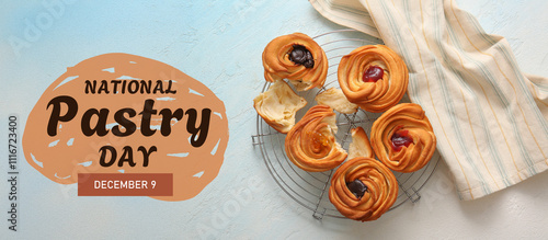 Grid of tasty cruffins with chocolate and jam on white background photo