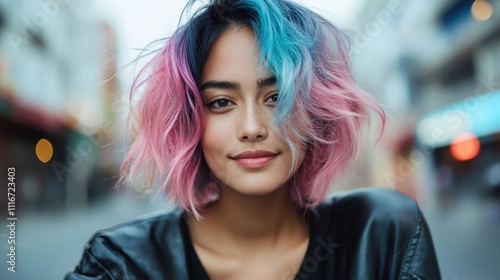 A vibrant portrait showcasing a woman with distinct turquoise and pink hair against an urban backdrop, her demeanor serene yet playful with artistic flair depicted. photo