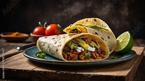 A flavorful taco filled with fresh vegetables and cheese is showcased on a blue plate, accompanied by side dishes of salsa, rice, and fresh limes, creating a festive dining experience