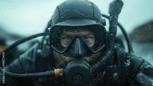 A determined professional diver wearing a wetsuit and diving mask, captured with water droplets and an intense focus, showcasing adventurous spirit. photo