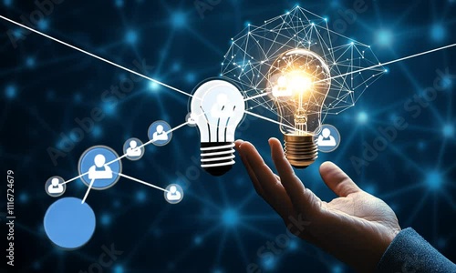 A hand holding a glowing light bulb symbolizing innovation and ideas against a digital, interconnected background.