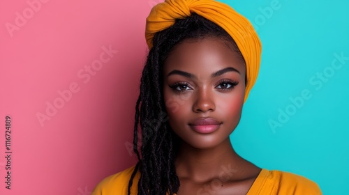 A vibrant portrait featuring a person in a yellow headwrap set against a contrasting pink and green background, showcasing diversity and bold personal expression. photo