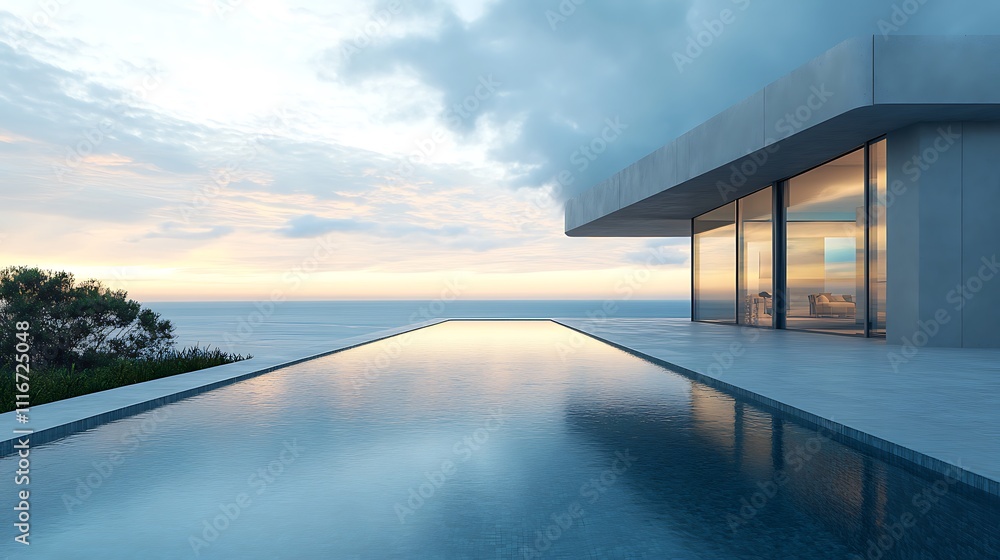 Fototapeta premium Modern villa with swimming pool overlooking tranquil exotic surroundings image