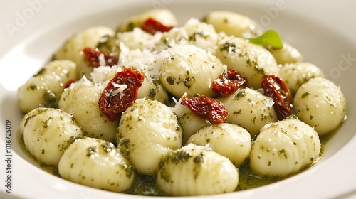 A plate of gnocchi topped with pesto and sun-dried tomatoes, garnished with cheese.