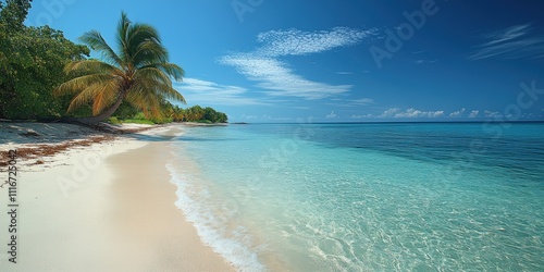A breathtaking tropical beach with pristine white sands, clear turquoise waters, and lush green palm trees along the shoreline under a vibrant blue sky.