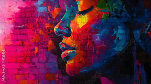 Modern street art mural in bold, neon colors, positioned at eye level to focus on intricate details and layered textures. The background is an urban brick wall with contrasting shadows.4k image photo