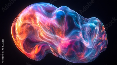 Futuristic abstract 3D holographic shape with fluid iridescent colors and glowing effects, creating a dynamic visual experience against a black background