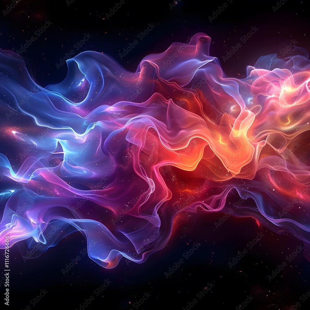 Obraz premium Futuristic abstract 3D holographic shape with fluid iridescent colors and glowing effects, creating a dynamic visual experience against a black background