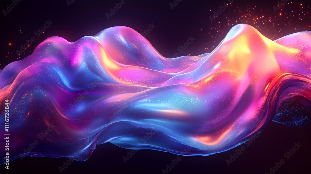 Obraz premium Futuristic abstract 3D holographic shape with fluid iridescent colors and glowing effects, creating a dynamic visual experience against a black background