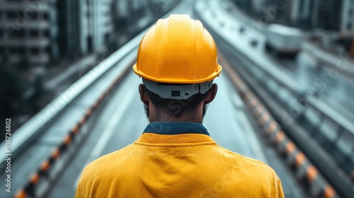 A construction worker wearing a yellow hard hat and jacket stands with his back to us, facing expansive urban construction site, portraying work and growth. photo