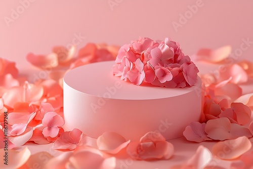 A pink floral podium surrounded by delicate rose petals, perfect for product display concepts