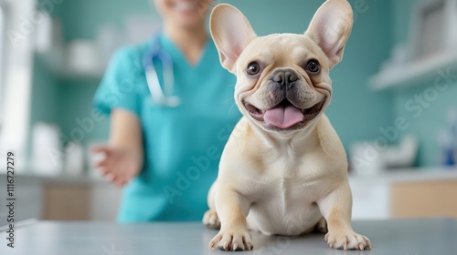 A cheerful French Bulldog sits on a table at a veterinary clinic with a happy expression, symbolizing health, comfort, and the bond between pets and humans. photo