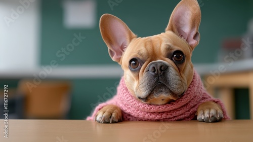 A cute French Bulldog wearing a pink sweater sits at a table, expressing attentiveness and style, epitomizing the trendy and affectionate side of pets. photo