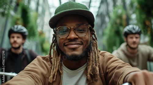 A man wearing glasses and a cap smiles while cycling with friends, portraying camaraderie, adventure, and the joy of outdoor activities among companions.