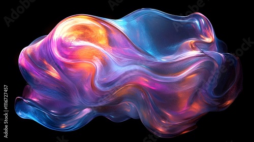 Futuristic abstract 3D holographic shape with fluid iridescent colors and glowing effects, creating a dynamic visual experience against a black background