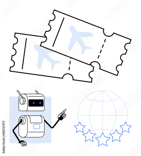 Flight tickets, robotic figure pointing, global network with five stars. Ideal for travel booking, airline services, tourism quality, tech support, global connectivity, user reviews, customer