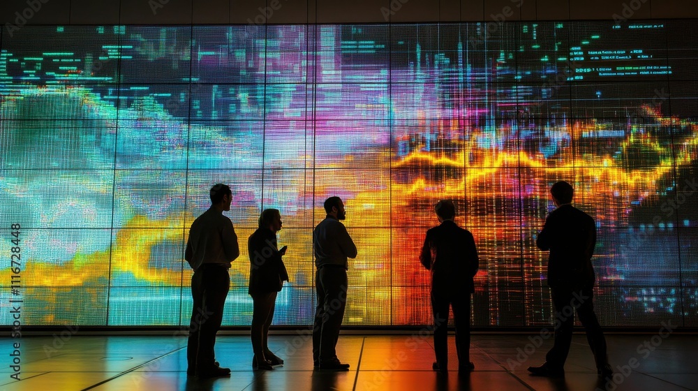 Silhouetted figures observe a vibrant data display. Silhouetted figures observe a vibrant data display.