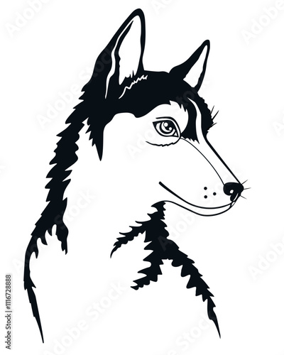 Husky puppy, dog portrait - vector silhouette black and white picture for logo or pictogram. Young Husky dog	