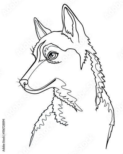 Husky puppy, small dog portrait - vector linear picture for coloring book, logo or pictogram. Young Husky dog. Outline	