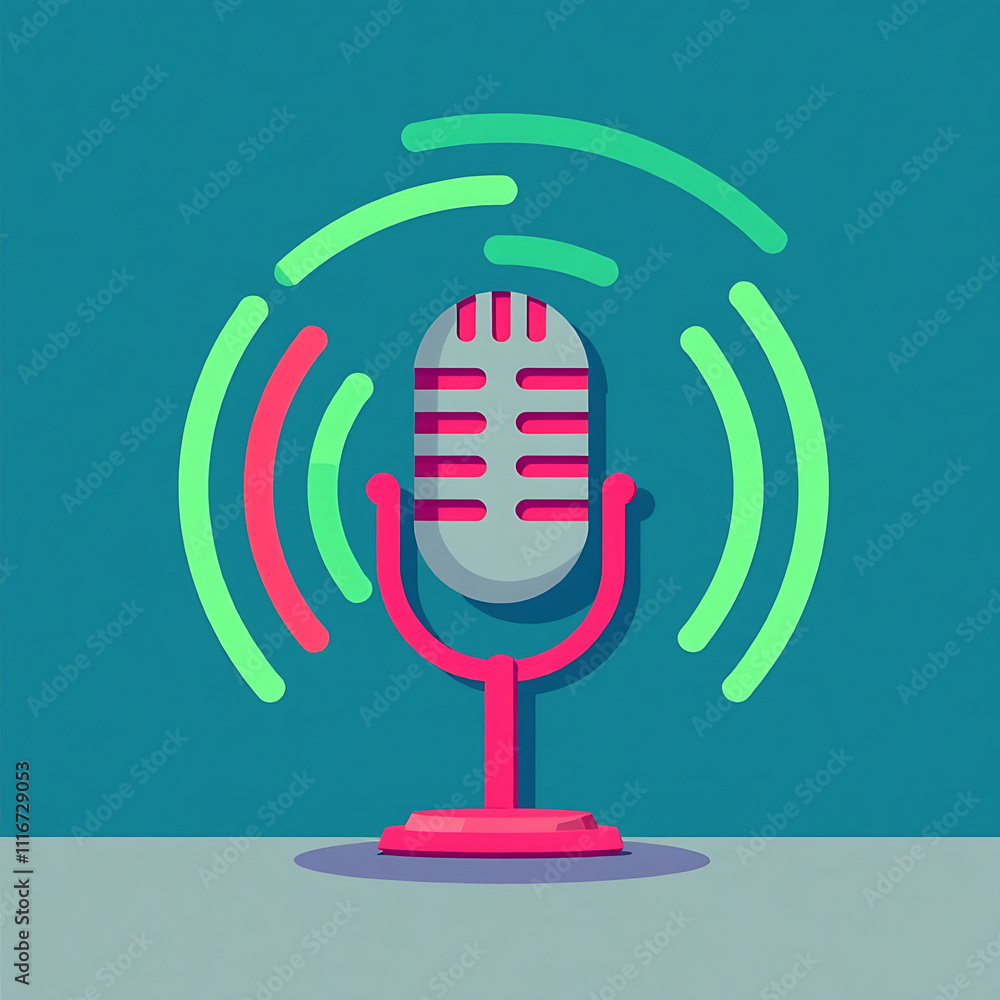 Retro microphone icon with vibrant radio waves on teal background. Radio Day Retro microphone icon with vibrant radio waves on teal background. Radio Day
