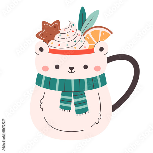 Winter Christmas hot drink decorated with sweet whipped cream, orange, gingerbread. Cute Christmas mug in the shape of Polar Bear. Vector illustration in flat style