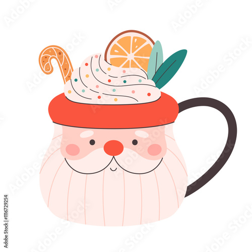 Winter Christmas hot drink decorated with sweet whipped cream, orange, gingerbread. Cute Christmas mug in the shape of Santa. Vector illustration in flat style