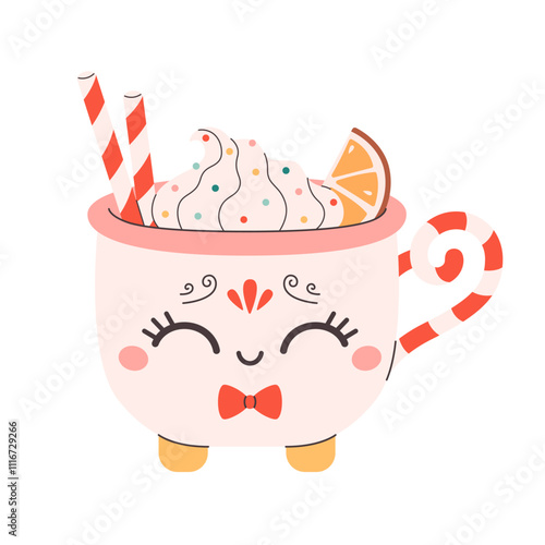 Winter Christmas hot drink decorated with sweet whipped cream, candy cane, orange. Cute Christmas mug. Vector illustration in flat style